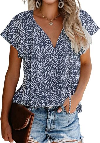 Mansy Women's Casual Floral Print V Neck Ruffle Short Sleeve Summer Shirts Tops Loose Blouses in Kuwait