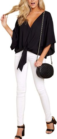 Women's Casual Floral Blouse Batwing Sleeve Loose Fitting Shirts Boho Knot Front Tops in Kuwait