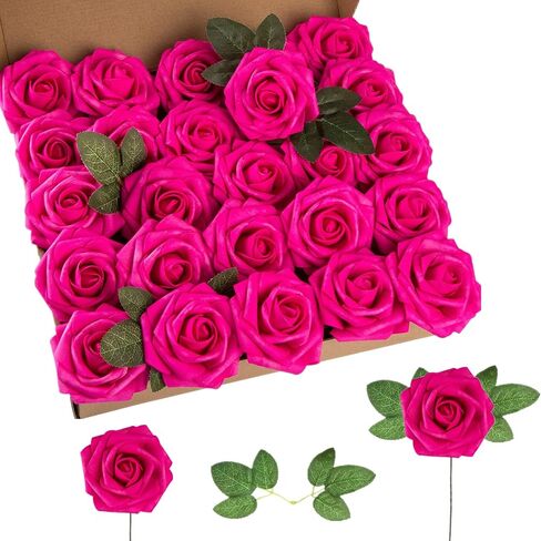 Artificial Flower Foam Rose 25pcs Real Looking Fake Rose with Stems Leaves for Home Decoration Party Garden Centerpieces DIY Wedding Bouquets（Hot Pink） in Saudi Arabia
