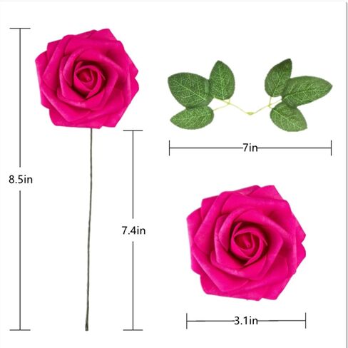 Artificial Flower Foam Rose 25pcs Real Looking Fake Rose with Stems Leaves for Home Decoration Party Garden Centerpieces DIY Wedding Bouquets（Hot Pink） in Saudi Arabia