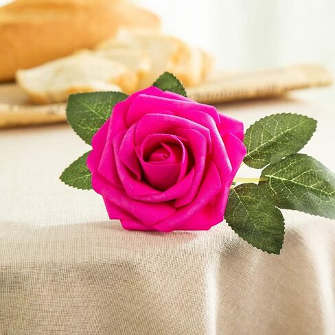 Artificial Flower Foam Rose 25pcs Real Looking Fake Rose with Stems Leaves for Home Decoration Party Garden Centerpieces DIY Wedding Bouquets（Hot Pink） in Saudi Arabia