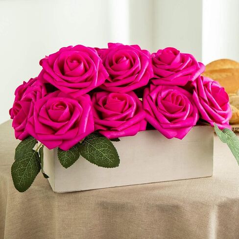 Artificial Flower Foam Rose 25pcs Real Looking Fake Rose with Stems Leaves for Home Decoration Party Garden Centerpieces DIY Wedding Bouquets（Hot Pink） in Saudi Arabia