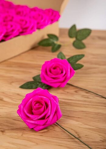 Artificial Flower Foam Rose 25pcs Real Looking Fake Rose with Stems Leaves for Home Decoration Party Garden Centerpieces DIY Wedding Bouquets（Hot Pink） in Saudi Arabia