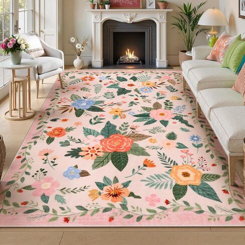Lahome Floral 8x10 منطقة سجاد لغرفة المعيشة ، سجاد سوداء قابلة للغسل لغرفة نوم غرفة الطعام ، غير Sheddig رقيقة من المطاط المدعومة غير المدعومة من قاعة الأطفال في الحضانة. in Kuwait