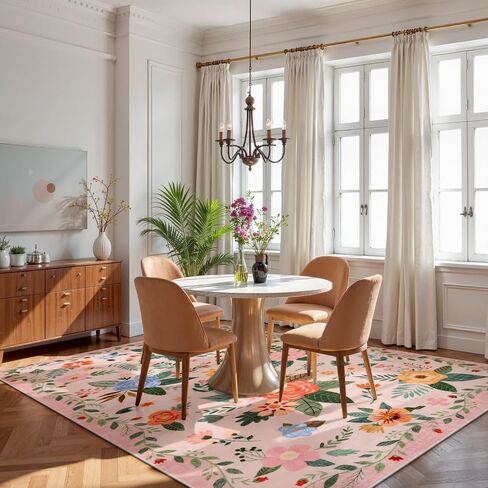 Lahome Floral 8x10 منطقة سجاد لغرفة المعيشة ، سجاد سوداء قابلة للغسل لغرفة نوم غرفة الطعام ، غير Sheddig رقيقة من المطاط المدعومة غير المدعومة من قاعة الأطفال في الحضانة. in Kuwait