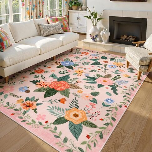 Lahome Floral 8x10 منطقة سجاد لغرفة المعيشة ، سجاد سوداء قابلة للغسل لغرفة نوم غرفة الطعام ، غير Sheddig رقيقة من المطاط المدعومة غير المدعومة من قاعة الأطفال في الحضانة. in Kuwait