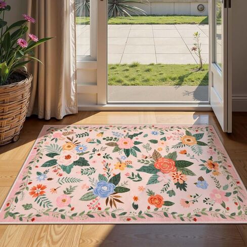 Lahome Floral 8x10 منطقة سجاد لغرفة المعيشة ، سجاد سوداء قابلة للغسل لغرفة نوم غرفة الطعام ، غير Sheddig رقيقة من المطاط المدعومة غير المدعومة من قاعة الأطفال في الحضانة. in Kuwait