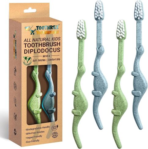 ROARex® All-Natural Eco Friendly Kids Toothbrush Made from Plants - Dinosaurs 4-36m - Baby to Toddler - Blue/Green - 4pk | 1% for The Planet Product in Saudi Arabia