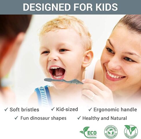 ROARex® All-Natural Eco Friendly Kids Toothbrush Made from Plants - Dinosaurs 4-36m - Baby to Toddler - Blue/Green - 4pk | 1% for The Planet Product in Saudi Arabia