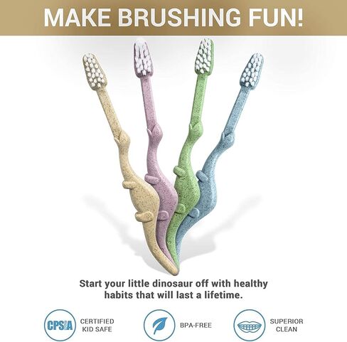ROARex® All-Natural Eco Friendly Kids Toothbrush Made from Plants - Dinosaurs 4-36m - Baby to Toddler - Blue/Green - 4pk | 1% for The Planet Product in Saudi Arabia