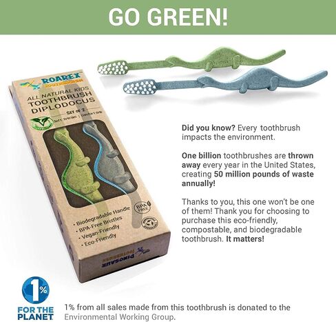 ROARex® All-Natural Eco Friendly Kids Toothbrush Made from Plants - Dinosaurs 4-36m - Baby to Toddler - Blue/Green - 4pk | 1% for The Planet Product in Saudi Arabia