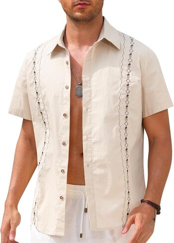ODIZLI Men's Guayabera Shirt Button Down Embroidered Mexican Cuban Shirts Summer Beach Casual in Saudi Arabia