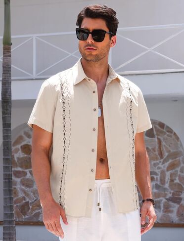 ODIZLI Men's Guayabera Shirt Button Down Embroidered Mexican Cuban Shirts Summer Beach Casual in Saudi Arabia