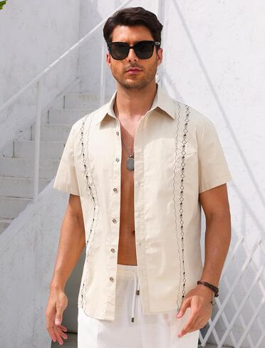 ODIZLI Men's Guayabera Shirt Button Down Embroidered Mexican Cuban Shirts Summer Beach Casual in Saudi Arabia