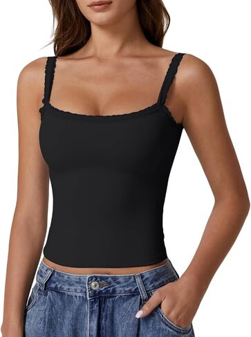 QINSEN Womens Square Neck Lace Trim Tank Top Double Lined Slim Fitted Y2k Going Out Camisole Shirts in Saudi Arabia