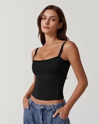 QINSEN Womens Square Neck Lace Trim Tank Top Double Lined Slim Fitted Y2k Going Out Camisole Shirts in Saudi Arabia