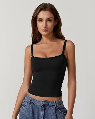 QINSEN Womens Square Neck Lace Trim Tank Top Double Lined Slim Fitted Y2k Going Out Camisole Shirts in Saudi Arabia