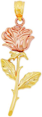 Charm America - Gold Long Stem Rose Charm - Rose Pendant Charm - Mother's Day Gift, Birthday Gift - Rose Flower Dangle Charm -10 Karat Solid Yellow and Rose Gold in Kuwait