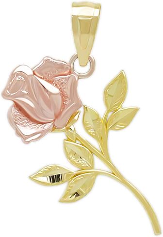 Charm America - Gold Long Stem Rose Charm - Rose Pendant Charm - Mother's Day Gift, Birthday Gift - Rose Flower Dangle Charm -10 Karat Solid Yellow and Rose Gold in Kuwait