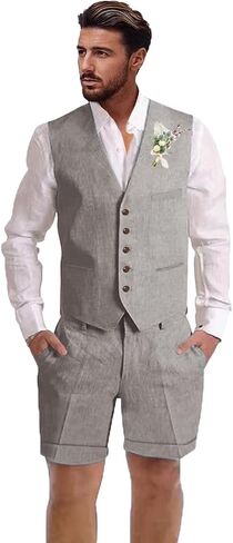 Mens Linen Suit 2 Piece Short Suits for Men Casual Summer Beach Wedding Suit Linen Vest Shorts Set in Saudi Arabia