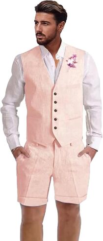 Mens Linen Suit 2 Piece Short Suits for Men Casual Summer Beach Wedding Suit Linen Vest Shorts Set in Saudi Arabia
