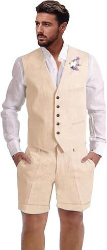 Mens Linen Suit 2 Piece Short Suits for Men Casual Summer Beach Wedding Suit Linen Vest Shorts Set in Saudi Arabia