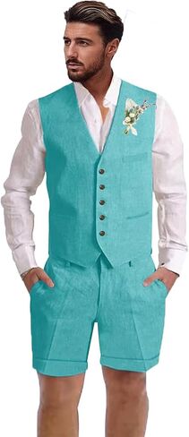Mens Linen Suit 2 Piece Short Suits for Men Casual Summer Beach Wedding Suit Linen Vest Shorts Set in Saudi Arabia