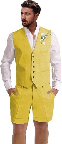 Mens Linen Suit 2 Piece Short Suits for Men Casual Summer Beach Wedding Suit Linen Vest Shorts Set in Saudi Arabia