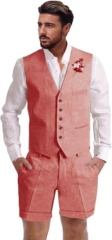 Mens Linen Suit 2 Piece Short Suits for Men Casual Summer Beach Wedding Suit Linen Vest Shorts Set in Saudi Arabia