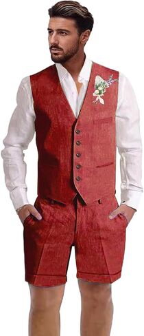 Mens Linen Suit 2 Piece Short Suits for Men Casual Summer Beach Wedding Suit Linen Vest Shorts Set in Saudi Arabia