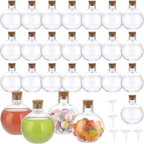 Btsky 26 PCS 6.8 أوقية زجاجات بلاستيكية مع الفلين ، زجاجات فنية رمال صافية مع مسارات ، زجاجات ميني بوتون حاويات الزيت العطرية صناديق الحلوى لديكور حفل زفاف الحرف DIY ، شكل الكرة
