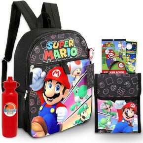 Super Mario Backpack and Lunch Bag Set - Bundle with Backpack, Lunch Box, Stickers, Water Bottle, More | Super Mario Bros School Bag for Boys