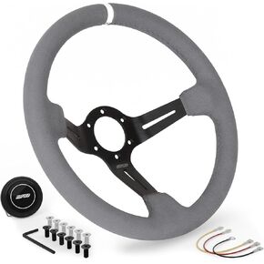 DND Performance Interior's Full Color Suede Race Wheel / 350mm Diameter and 75mm Depth / 6x70mm Bolt Pattern/Suede Racing Steering Wheel with Horn Button Included (Gray)