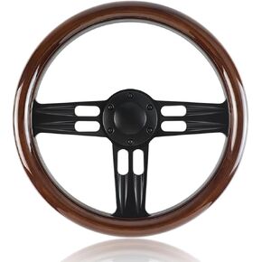 14in Universal Wooden Racing Steering Wheel, Six Hole Bolt with Horn Buttons 3 Spoke for Rally/Motorsport/Car Simulator Driving