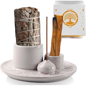 4-in-1 Palo Santo Holder, Sage & Incense Stick Burner – Ceramic White Ash Catcher Tray for Meditation, Yoga, Smudging & Spiritual Cleansing – Incense Holder for Sticks & Sage (White)