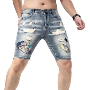 Men's Embroidery Ripped Denim Shorts & Jeans Summer Casual Classic Straight Distressed Ripped Short Jeans