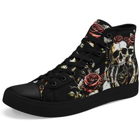 Skull High Top Sneaker for Men Women Fashion Rose Gothic Black Canvas Shoes Unisex Lace Up Casual Tennis Walking Flat Shoes