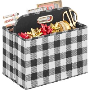 mDesign Holiday Storage Box for Gift Wrapping and Bows with Compartments and Handle - Christmas Organizer Tote for Ribbons - Divided Container for Crafts and Stationary - Buffalo Plaid, Black/White