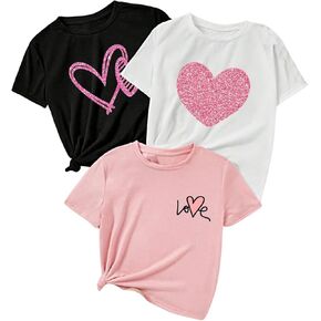 SweatyRocks Girl's 3 Pack T Shirts Sparkly Heart Print Tees Short Sleeve Crewneck Summer Tops