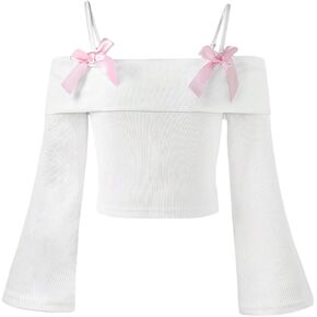WDIRARA Girl's Cold Shoulder Bow Top Long Bell Sleeve Tee Shirt Cute T-Shirt