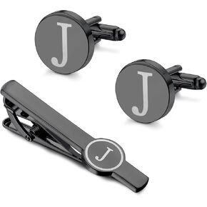 IRONBOX Initial Cufflinks and Tie Clip Set for Men Personalized Black Cuff Links and Tie Bar Letter Alphabet A-Z Gift with Box for Father Husband Groommens