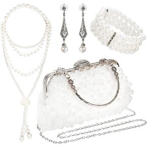 4 Pcs 1920s Pearl Jewelry Set, Include Beaded Pearl Clutch Bag with Chain, Dangle Faux Pearl Drop Earrings, Multi Strands Bracelet and Long Necklace, Flapper Costume Accessory for Party, Prom
