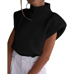 Women's Sleeveless Sweater Vest Elegant High Neck Mock Neck Cap Sleeve Knit Pullover Tank Tops Black