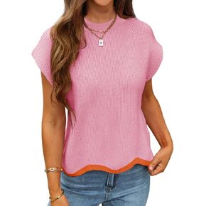 Saodimallsu Womens Cap Sleeve Knit Tops Casual Sleeveless Color Block Crew Neck Loose Fit Summer Trendy Sweater Vest