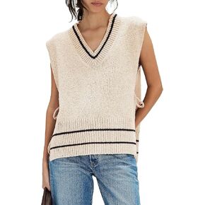 Locachy Women's Loose V Neck Sweater Vest Stripe Poncho Side Tie Sleeveless Pullover Tank Tops