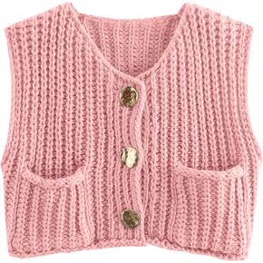 Women Sleeveless Knit Sweater Vest Crochet Chunky Button Down Cardigan Crop Vests Tops with Pockets
