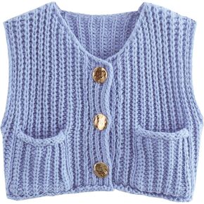Women Sleeveless Knit Sweater Vest Crochet Chunky Button Down Cardigan Crop Vests Tops with Pockets in Kuwait