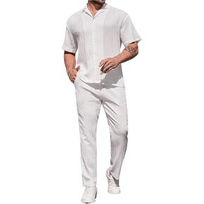 GORGLITTER Men's Linen Sets Short Sleeve Button Down Cuban Shirts and Pants Set Summer Vacation Cruise Outfits