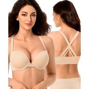 YANDW Push Up Bra Racerback Padded Bras for Women Front Closure Criss Cross Back Add 2 Cup