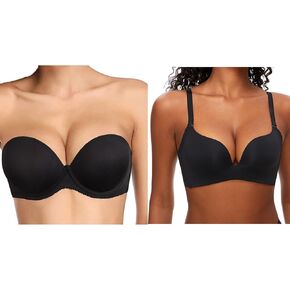 Plusexy Strapless Push Up Bras for Women & Wireless Push Up Plunge Bra Black 36B